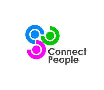 Connect people together icon representing connectivity and unity. Vector emblem featuring interlinked circular shapes in blue, green and pink, symbolizes teamwork, collaboration, union, cooperation