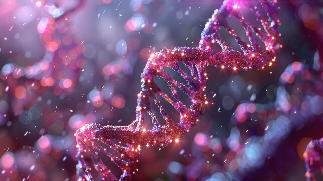 A glowing pink DNA strand, rendered in 3D, with a bokeh background of pink and blue particles.