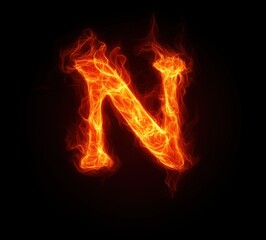 Letter N in fire effect on a dark background, fiery text