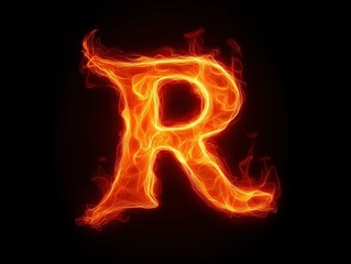 Fototapeta premium Letter R in fire effect on a dark background, fiery text