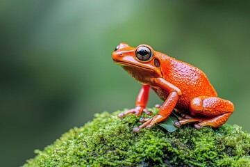 Vibrant Orange Poison Dart Frog Perched on Mossy Log