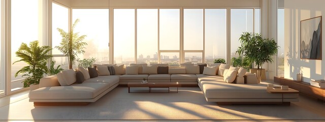 Fototapeta premium Spacious and bright modern living room interior with minimalist furniture large windows and scenic landscape views