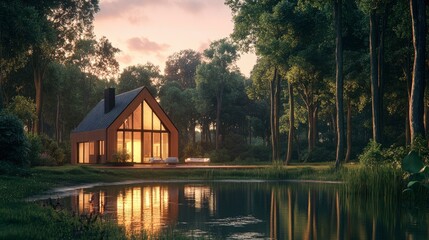 Obraz premium A peaceful cabin by a tranquil lake, the water reflecting the surrounding forest and a soft pink sky at dawn