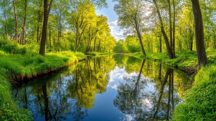 A peaceful river winding through a dense forest, the trees reflected perfectly in the calm water