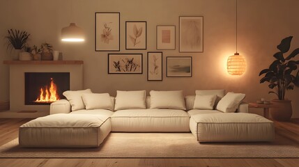 Fototapeta premium Serene and Inviting Japandi Inspired Modern Living Room with Cozy Sectional Sofa Minimalist Stylish Decor Soft Lighting and Carefully Curated Gallery Wall