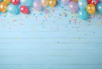 Colorful Balloons and Confetti on Blue Wooden Background