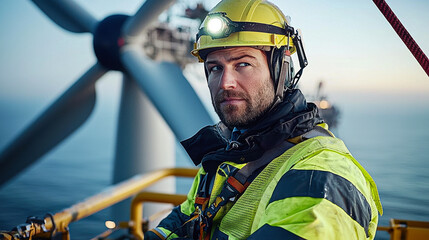Fototapeta premium Worker at offshore wind turbine site