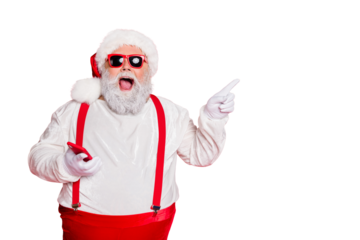Advert ad laugh choose discount shopping choice people concept. Photo of amazed astonished tell you interesting information hipster modern santa demonstrating copy space isolated vivid background