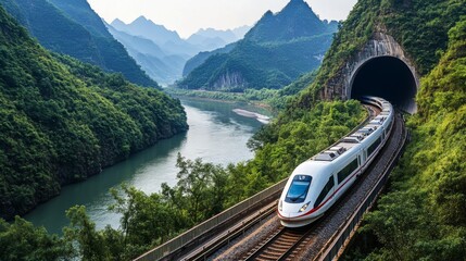 A scenic shot of a high-speed train traveling along a river with a tunnel in the background, showcasing the integration of railways with natural landscapes.