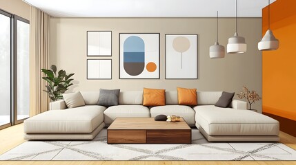 Fototapeta premium Cozy and Inviting Modern Living Room with a Large Comfortable Sectional Sofa Minimalist Stylish Decor Accent Pieces