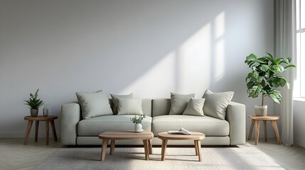 Cozy and modern minimalist living room interior with comfortable beige sofa wooden coffee table potted plants and plenty of natural light streaming through the window