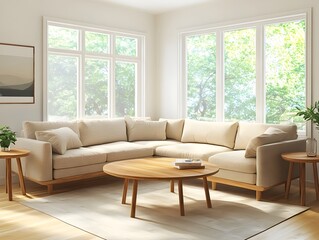Cozy and Inviting Modern Living Room with Scandinavian Inspired Furnishings and Ample Natural Light  Featuring a Spacious L Shaped Sectional Sofa Minimalist Wooden Coffee and Side Tables