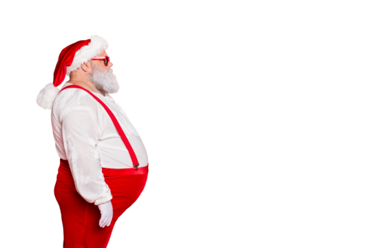 Profile side photo of white gray hair fat overweight santa claus with big funny belly abdomen ready for new year festival event wear overalls eyeglasses isolated over red background