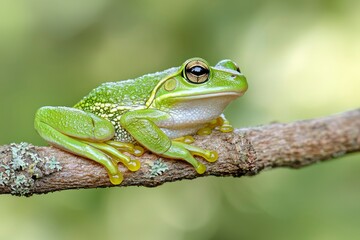 Obraz premium Green Tree Frog Perched on a Branch with Blurred Green Background
