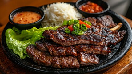 A sizzling plate of Korean galbi (grilled short ribs) with a side of lettuce wraps, rice, and dipping sauces