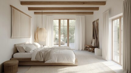 Fototapeta premium A serene bedroom in a Nordic house with white walls, wooden accents, and large windows allowing natural light to flow in, creating a peaceful retreat.