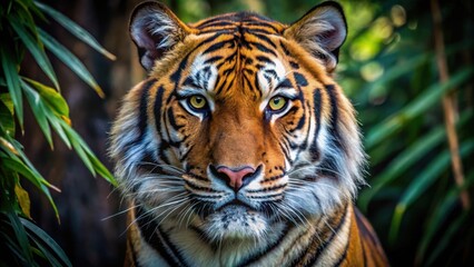 Fototapeta premium Close up of a fierce tiger in its natural forest habitat showcasing its intense gaze and rich fur colors amidst shadows