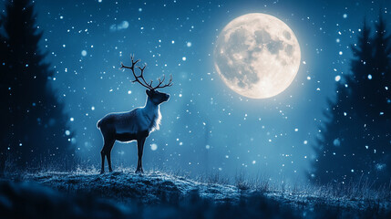 
A reindeer stands proudly on a grassy hill under the big full moon, its breath visible as a mist in the cold winter air.
