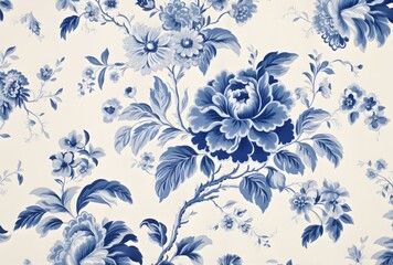 Blue and White Chinoiserie Floral Linen Print