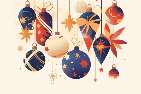 Colorful hanging Christmas ornaments illustration with various designs and stars