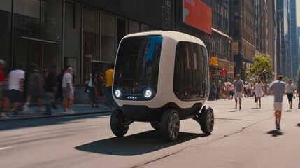 Fototapeta premium A self-driving delivery vehicle navigating a busy city street, pedestrians and modern buildings reflecting off its sleek design