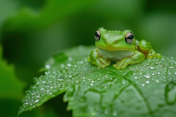 Naklejka premium A Green Tree Frog Resting on a Dew-Covered Leaf