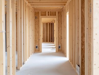 Home under construction with electricians installing wiring, walls partially open, electrical work, internal systems