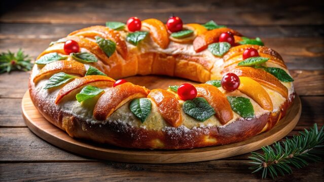 Delicious kings cake, also known as roscon de reyes or rosca de reyes, traditional epiphany cake filled with surprise figurines and fruits