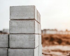 House under construction with concrete blocks being stacked, forming the main walls, concrete block walls, solid structure