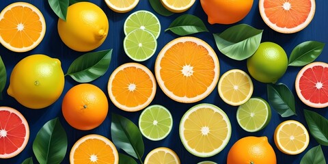 Assortment of citrus fruits with green slices and leaves