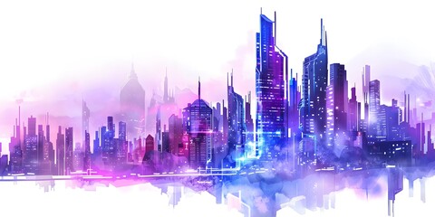 Obraz premium A vibrant, futuristic city skyline with skyscrapers, bathed in purple and blue hues against a soft, misty background.