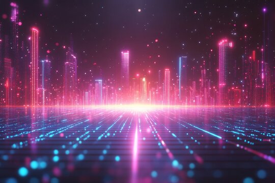 Glowing Future Data Visualization: Abstract Neon Scatter Plot on Digital Grid Background