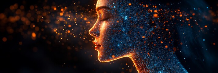 Futuristic card dedicated role of AI in product recommendations offering a broad blank area on the upper left for a personalized message surrounded by abstract algorithmic and product suggestion icons