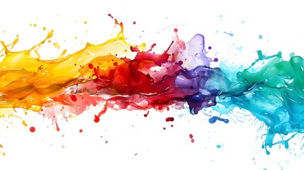 Fototapeta premium A vibrant splash of colorful paint blending together, showcasing a dynamic flow of yellow, red, purple, blue, and green hues against a white background.
