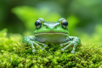 Fototapeta premium Green Tree Frog Perched on a Patch of Moss