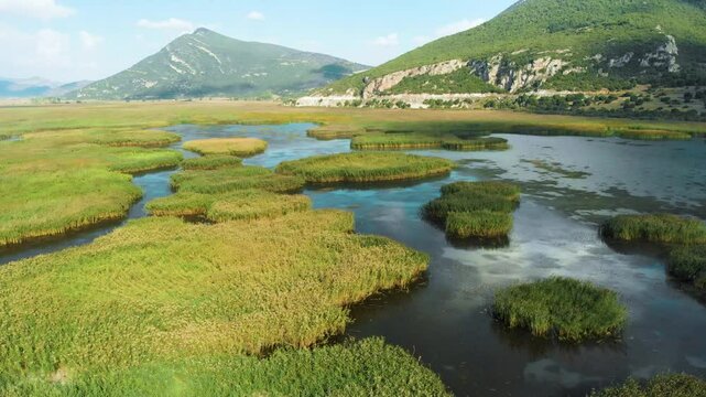 Aerial view of Stymphalia lake, located in the north-eastern part of the Peloponnese, in Corinthia, southern Greece, place where Hercules shot down the Stymfalian Birds according to the ancient myth.