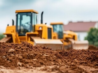 Obraz premium Home construction site with heavy machinery grading the land, preparing for landscaping, landscaping preparation, site development