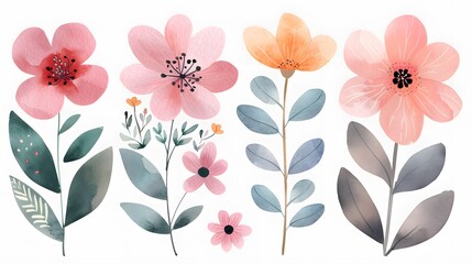 Fototapeta premium A colorful illustration of various flowers, featuring soft pinks and greens, showcasing delicate petals and leaves in an artistic arrangement.
