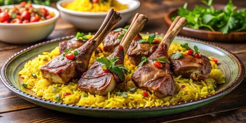 Obraz premium Juicy roasted lamb chops served with aromatic saffron rice