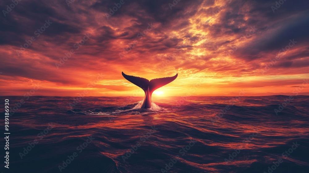 Poster a serene sunset scene with a whale's tail silhouetted against the vibrant sky, capturing the tranqui