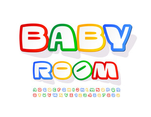 Vector playful logo Baby Room. Bright Colorful Font. Creative Alphabet Letters, and Numbers set.
