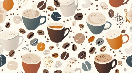 Obraz premium Colorful coffee-themed illustration featuring various cups and coffee beans in a seamless pattern, perfect for coffee lovers.
