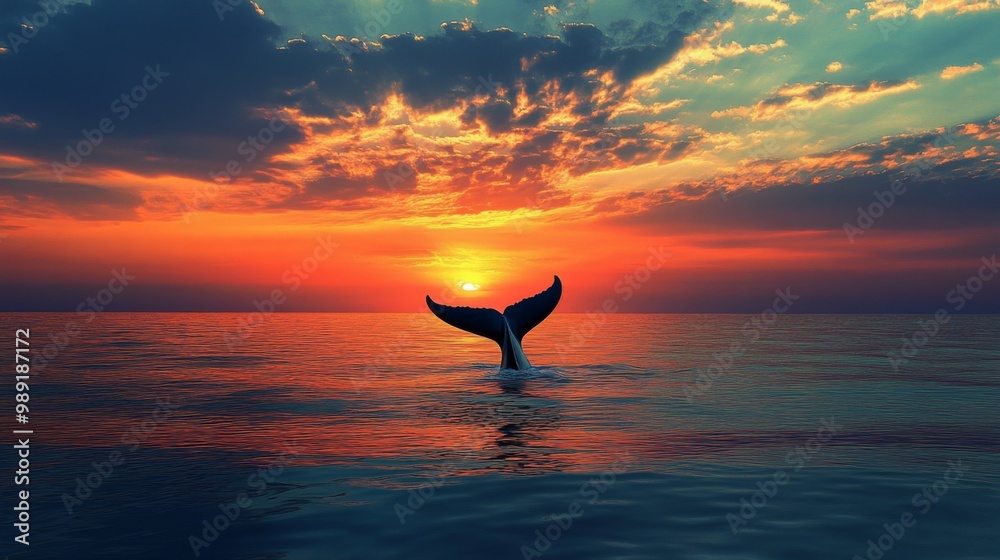 Poster a serene sunset scene with a whale's tail silhouetted against the vibrant sky, capturing the tranqui