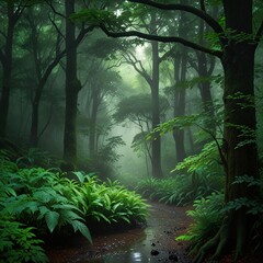 A tranquil forest during a gentle rain, where droplets glisten on the vibrant green leaves, reflecting the soft light filtering through the canopy. The air is fresh and cool