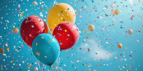 Colorful balloons and confetti against a blue sky celebrate a festive and joyful occasion under the bright sunshine.