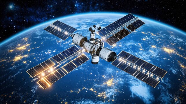 A space station orbiting Earth, astronauts conducting research with glowing digital interfaces, the planet visible below