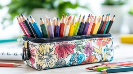 A set of colored pencils in a beautifully designed pencil case, surrounded by doodles and art supplies, emphasizing organization for aspiring artists.