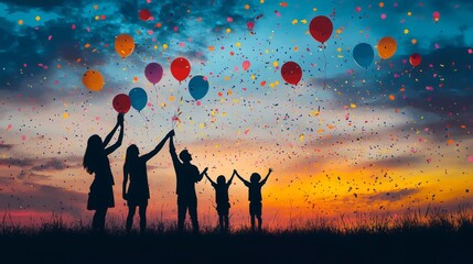 A silhouette of a family celebrating a special occasion, such as a birthday or graduation, with balloons and confetti against a colorful sky.