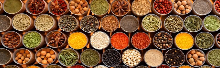 Panoramic View of Spices and Herbs in Bowls