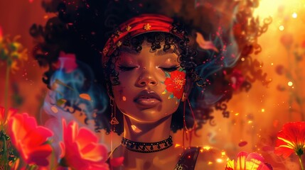 A beautiful black woman painting on the wall of an African art festival, vibrant colors and patterns
